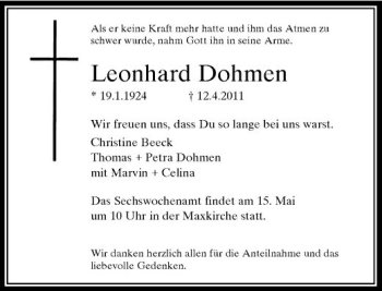 Traueranzeige von Leonhard Dohmen von Rheinische Post