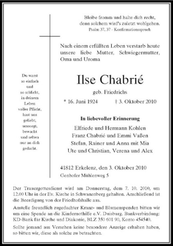 Traueranzeige von Ilse Chabrié von Rheinische Post