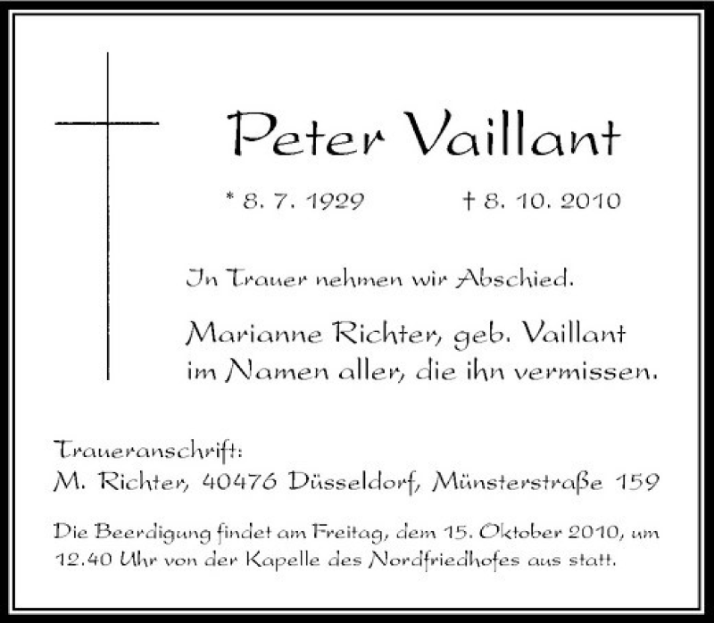  Traueranzeige für Peter Vaillant vom 13.10.2010 aus Rheinische Post