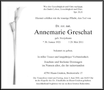 Traueranzeige von Annemarie Greschat von Rheinische Post