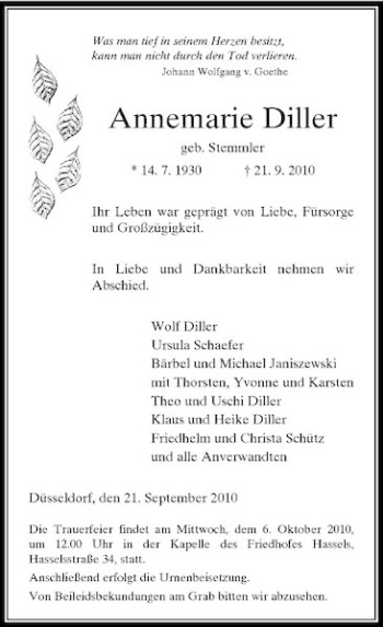 Traueranzeige von Annemarie Diller von Rheinische Post