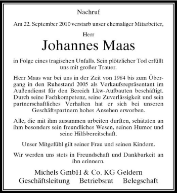 Traueranzeige von Johannes Maas von Rheinische Post