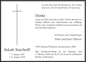 Traueranzeige von Jakob Soethoff von Rheinische Post