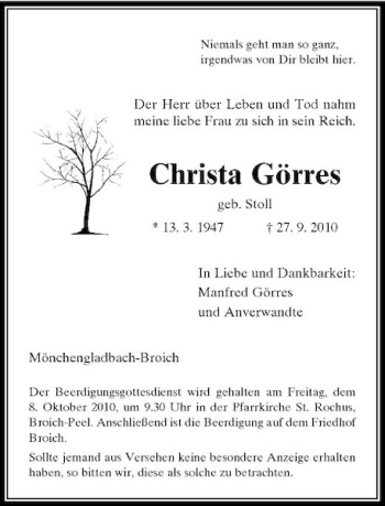 Traueranzeige von Christa Görres von Rheinische Post