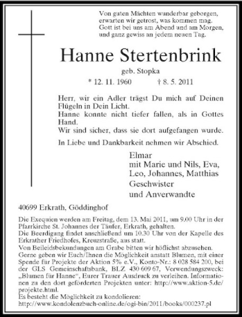 Traueranzeige von Hanne Stertenbrink von Rheinische Post