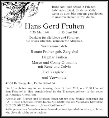 Traueranzeige von Hans Gerd Fruhen von Rheinische Post