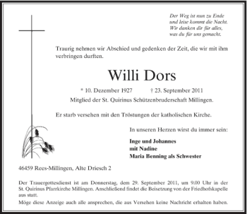 Traueranzeige von Willi Dors von Rheinische Post