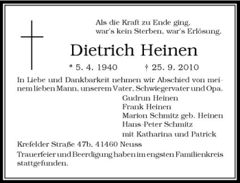 Traueranzeige von Dietrich Heinen von Rheinische Post
