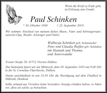 Traueranzeige von Paul Schinken von Rheinische Post