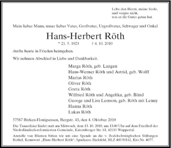 Traueranzeige von Hans-Herbert Röth von Rheinische Post