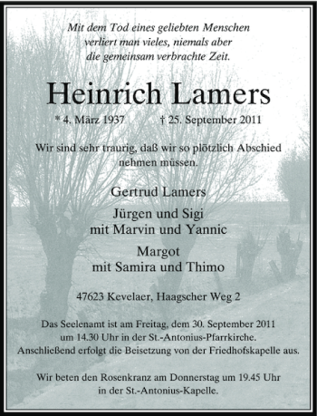 Traueranzeige von Heinrich Lamers von Rheinische Post