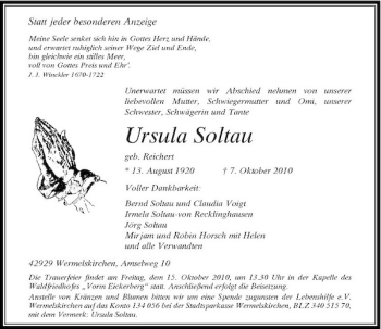 Traueranzeige von Ursula Soltau von Rheinische Post