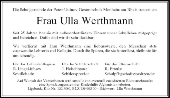 Traueranzeige von Die Die Schulgemeinde der Peter-Ustinov-Gesamtschule Monheim am Rhein trauert um von Rheinische Post