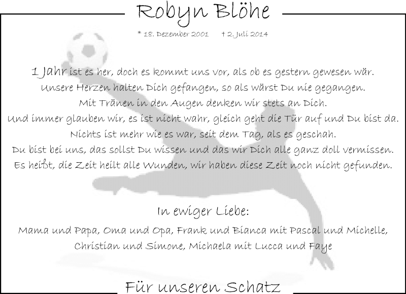  Traueranzeige für Robyn Blöhe vom 27.06.2015 aus Rheinische Post