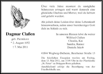 Traueranzeige von Dagmar Claßen von Rheinische Post