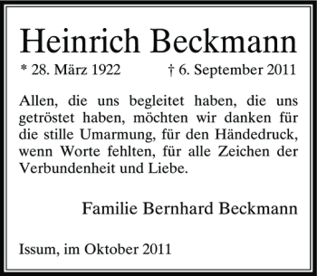 Traueranzeige von Heinrich Beckmann von Rheinische Post