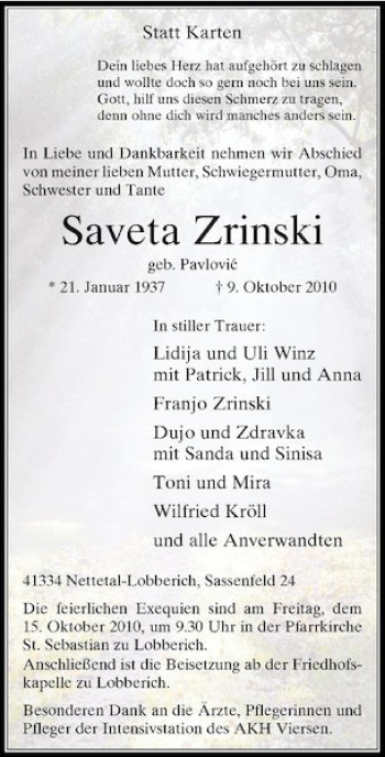 Traueranzeige von Saveta Zrinski von Rheinische Post