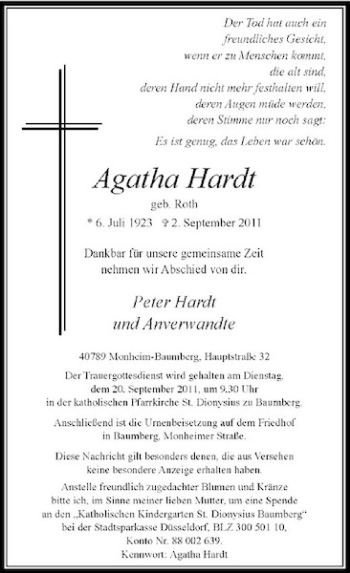 Traueranzeige von Agatha Hardt von Rheinische Post