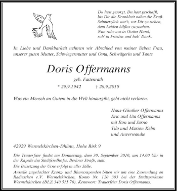 Traueranzeige von Doris Offermanns von Rheinische Post