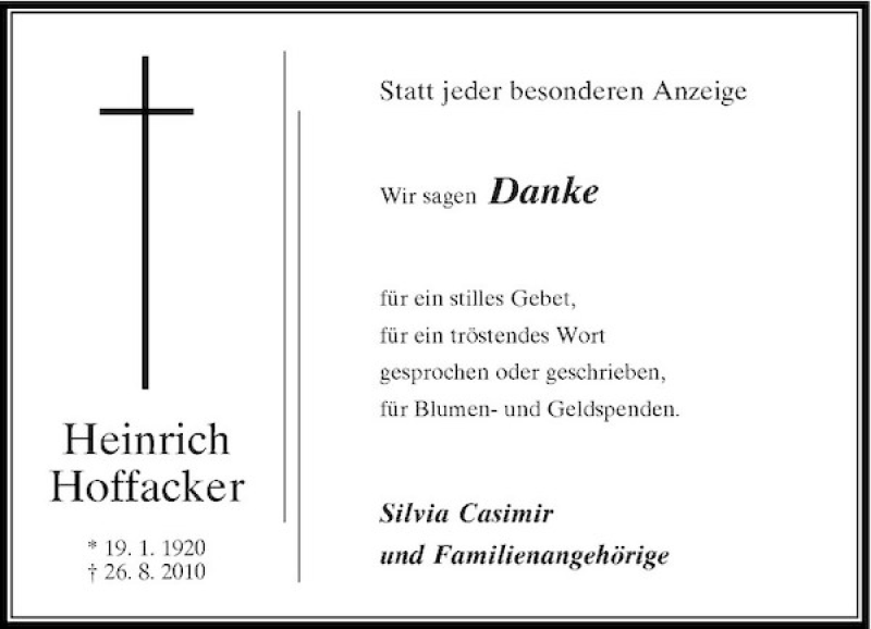  Traueranzeige für Heinrich Hoffacker vom 09.10.2010 aus Rheinische Post
