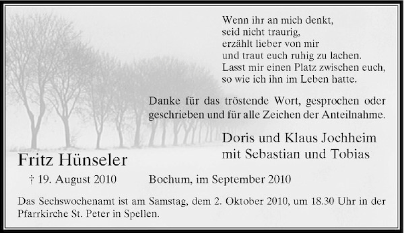  Traueranzeige für Fritz Hünseler vom 25.09.2010 aus Rheinische Post