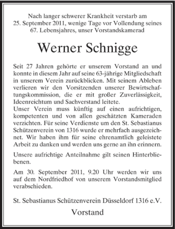 Traueranzeige von Schnigge Werner von Rheinische Post