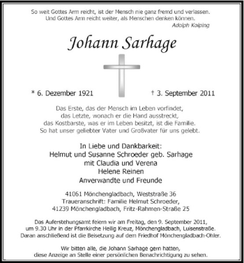 Traueranzeige von Johann Sarhage von Rheinische Post