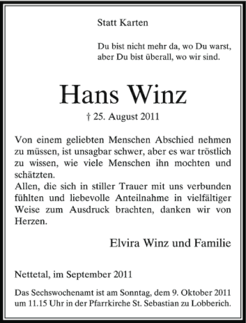 Traueranzeige von Hans Winz von Rheinische Post