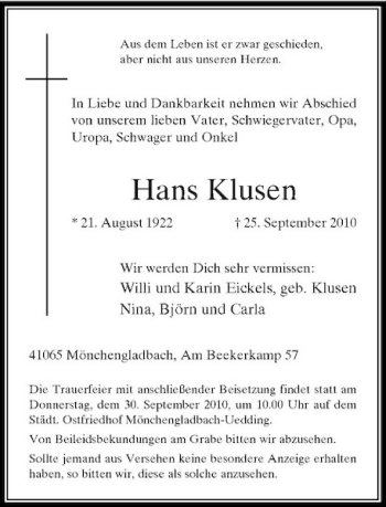 Traueranzeige von Hans Klusen von Rheinische Post