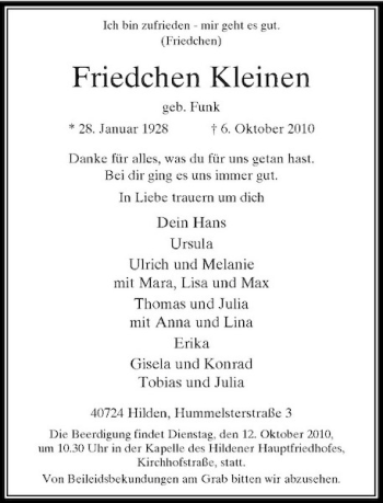 Traueranzeige von Friedchen Kleinen von Rheinische Post