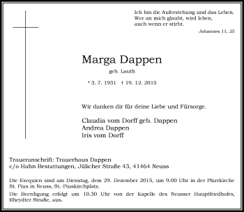 Traueranzeige von Marga Dappen von Rheinische Post