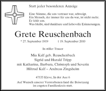 Traueranzeige von Grete Reuschenbach von Rheinische Post