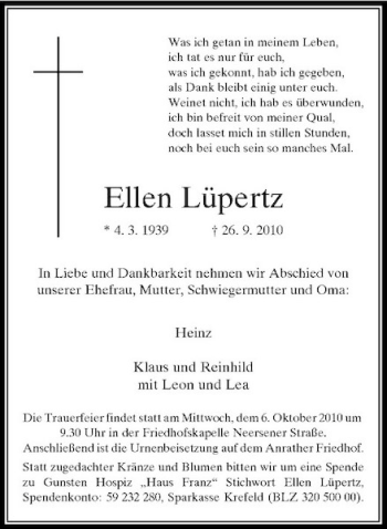 Traueranzeige von Ellen Lüpertz von Rheinische Post