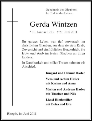 Traueranzeige von Gerda Wintzen von Rheinische Post