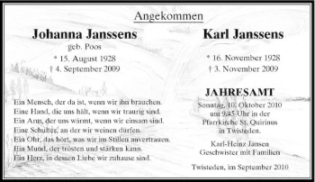 Traueranzeige von Angekommen Johanna Janssens Karl Janssens von Rheinische Post