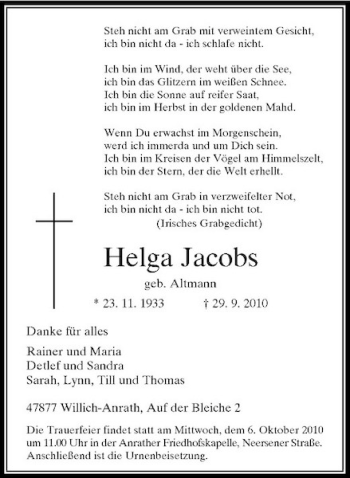 Traueranzeige von Helga Jacobs von Rheinische Post