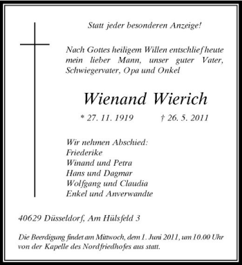 Traueranzeige von Wienand Wierich von Rheinische Post
