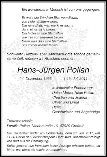Traueranzeige von Hans-Jürgen Pollan von Rheinische Post