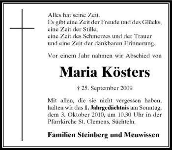 Traueranzeige von Maria Kösters von Rheinische Post