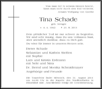 Traueranzeige von Tina Schade von Rheinische Post