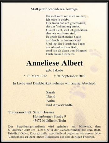 Traueranzeige von Anneliese Albert von Rheinische Post