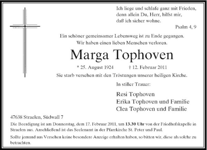 Alle Traueranzeigen Für Marga Tophoven | Trauer.rp-online.de