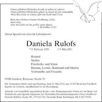 Traueranzeige von Daniela Rulofs von Rheinische Post