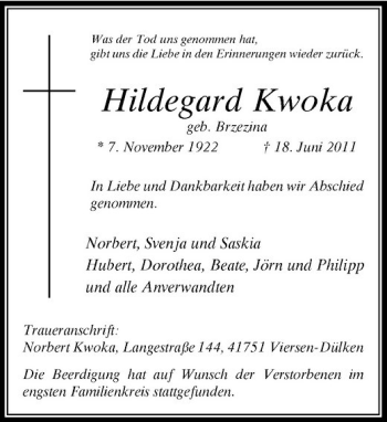 Traueranzeige von Hildegard Kwoka von Rheinische Post