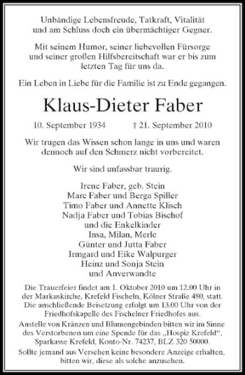 Traueranzeige von Klaus-Dieter Faber von Rheinische Post