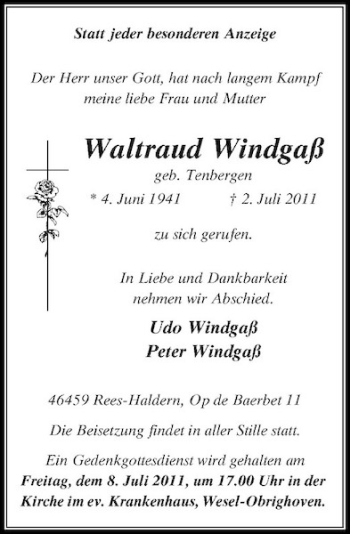 Traueranzeige von Waltraud Windgaß von Rheinische Post