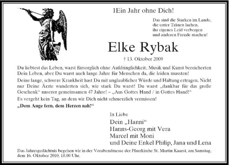  Traueranzeige für Elke Rybak vom 13.10.2010 aus Rheinische Post