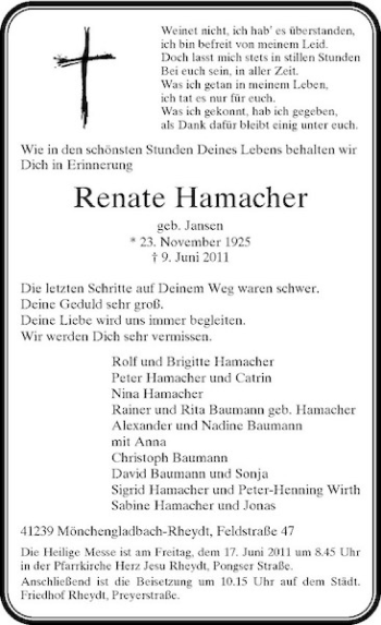 Traueranzeige von Renate Hamacher von Rheinische Post