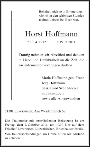 Traueranzeige von Horst Hoffmann von Rheinische Post