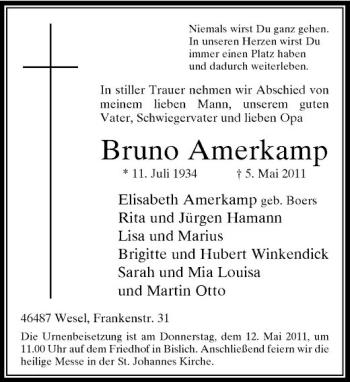 Traueranzeige von Bruno Amerkamp von Rheinische Post